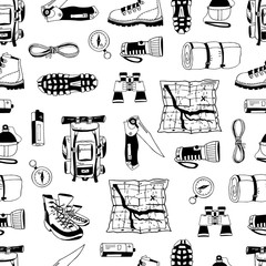 Wall Mural - Monochrome vector seamless pattern with black elements isolated on white. Trendy endless texture. Design for tourism, camping. Backpack, boots, map, flashlight, reusable bottle, sleeping bag, compass.
