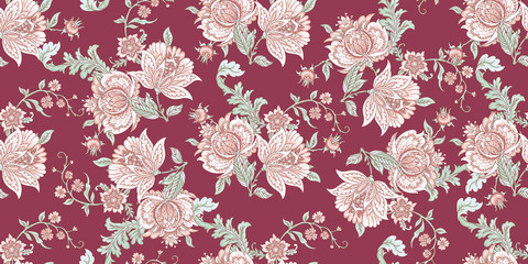 vintage seamless texture with folk tropical flowers