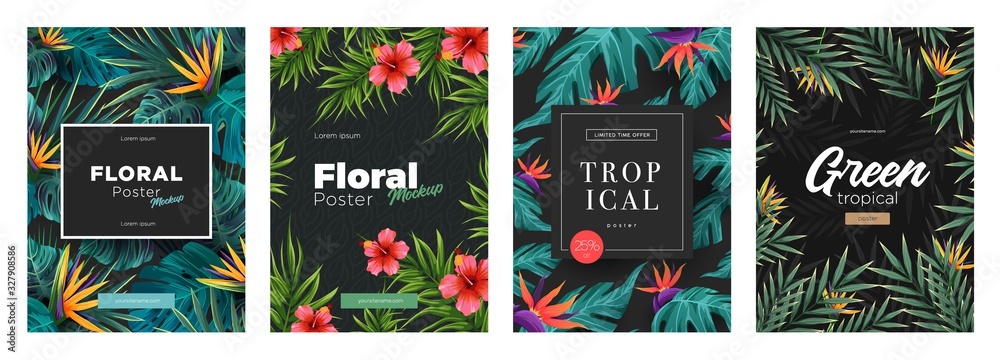 Set of Bright tropical backgrounds with jungle plants. Exotic patterns with tropical leaves - obrazy, fototapety, plakaty 
