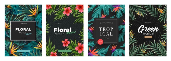 set of bright tropical backgrounds with jungle plants. exotic patterns with tropical leaves