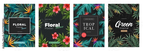 Set of Bright tropical backgrounds with jungle plants. Exotic patterns with t...