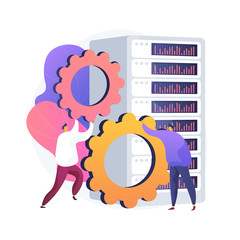 Fototapete - Server hardware maintenance. Teamwork fixing gear. Data storage, ethernet cluster, datacenter system. Supercomputer infrastructure. Workstation domain. Vector isolated concept metaphor illustration.