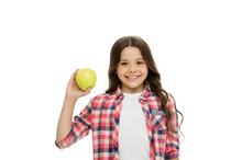 Organic Food. Apple Vitamin Snack. Girl Cute Hold Apple Fruit White Background. Child Girl Casual Clothes Holds Apple. Child Kid Happy Face Like Apple. Healthy Nutrition Diet. School Snack Concept