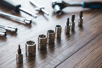 Wall Mural - different tools on the wooden table