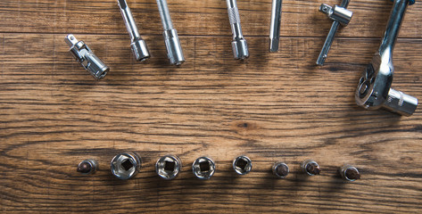 different tools on the wooden table