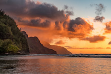 Sunset Lights The Receding Cliffs Of The NaPali Coastline On North Coast Of Kauai In Hawaii