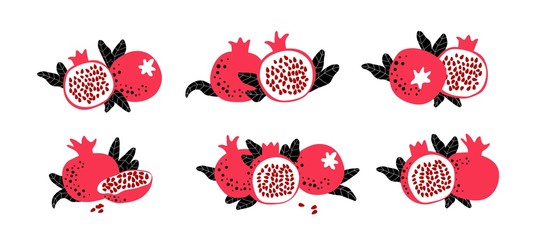 Wall Mural - Pomegranate art poster with red fruits, seeds and leaves. Vector drawing. Simple flat illustration. Vector retro