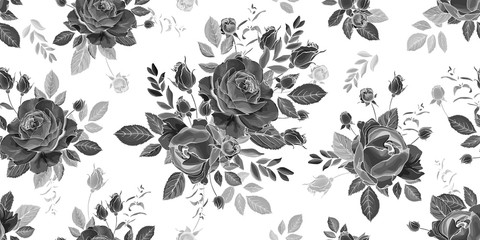 Vector black and white floral monochrome seamless pattern with flowers rose and leaves. Hand drawn. For design textile, wallpapers, wrapping paper, prints. Stock illustration.