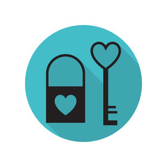 Poster - Key and lock in the shape of a heart long shadow icon. Simple glyph, flat vector of arrow icons for ui and ux, website or mobile application
