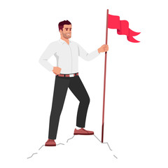 Wall Mural - Successful entrepreneur semi flat RGB color vector illustration. Happy businessman on mountain top isolated cartoon character on white background. Marketplace leadership, goal achievement concept