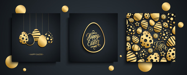 Poster - Happy Easter luxury greeting cards set. Easter holiday invitations templates collection with hand drawn lettering and gold easter eggs. Vector illustration.