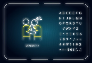 Poster - Sympathy neon light icon. Outer glowing effect. Sign with alphabet, numbers and symbols. Friendly consolation and support, emotional care, friendship. Vector isolated RGB color illustration