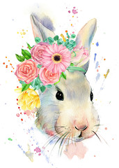 Cute bunny with a wreath of flowers, isolated white background, hand drawing, easter bunnies, watercolor painting, holiday card, poster for children