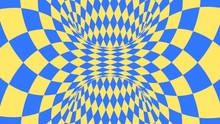 Blue And Yellow Psychedelic Optical Illusion. Abstract Hypnotic Diamond Animated Background. Wallpaper With Rhombus Shapes
