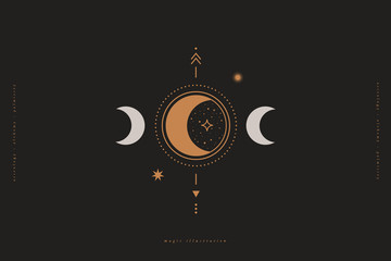 Poster - Mystical composition with a crescent, arrows, stars on a dark background. Boho style and esoteric. Ethnic magic and astrological symbols. Vector illustration.