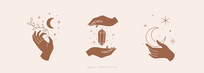 Poster - Set of mystical symbols for spiritual practices. Magical hands keep crescent, crystal, branch against background of stars. Trendy minimalist signs for design of cosmetics, jewelry, handmade products.