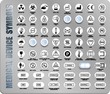 Full set of medical device packaging symbols with warning information. Medicine package black icons isolated on white. International standards ISO, ANSI, AAMI, FDA with description