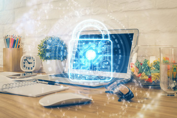 Aufkleber - Double exposure of desktop with computer and lock icon hologram. Concept of data safety.