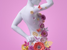 3d Render, Slim Female Body Back View, White Mannequin Decorated With Colorful Paper Flowers, Woman Silhouette Isolated On Pink Background. Fashion Floral Dress Concept. Modern Botanical Sculpture