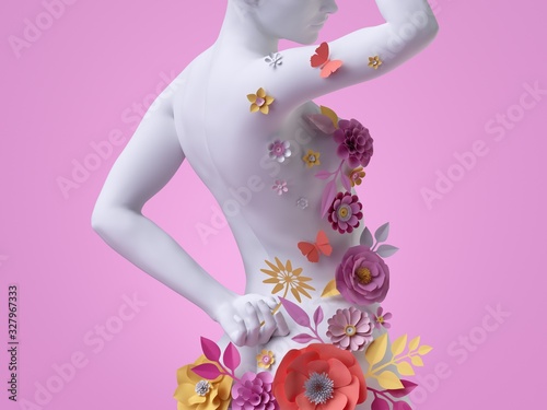 Fotomural 3d render, slim female body back view, white mannequin decorated with colorful paper flowers, woman silhouette isolated on pink background