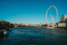 Wide Angle Of The London Eye Next To The River Thames In The UK