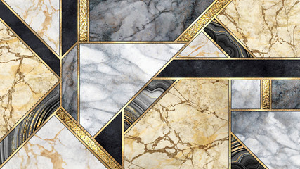 Wall Mural - digital illustration, abstract art deco background, modern mosaic inlay, texture of marble agate and