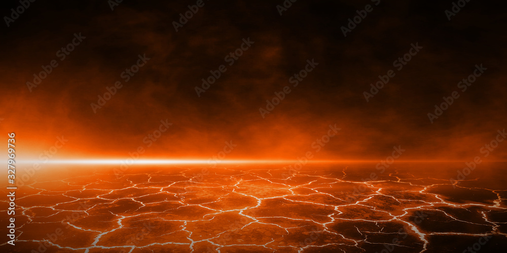 3D Rendering Abstract perspective heat red cracked ground texture after eruption volcano - obrazy, fototapety, plakaty 
