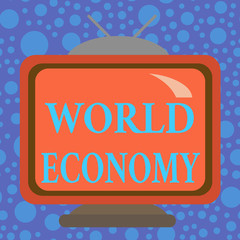 Handwriting text World Economy. Conceptual photo way in which countries economy have been emerging to operate Square rectangle old multicoloured painting television picture wood design