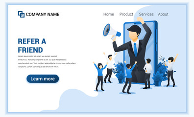 Poster - Refer a friend concept with businessman shout on megaphone for referral program. Can use for landing page, web banner, infographics, web template. Vector illustration