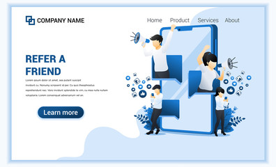 Poster - Refer a friend concept with a man and woman come out from smartphone and shout on megaphone for referral program. Can use for landing page, web banner, web template. Vector illustration