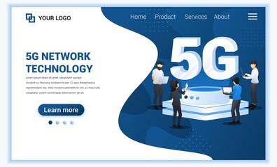 Poster - 5G network technology concept. Internet systems telecommunication service. Characters using High speed wireless connection 5G. Flat vector illustration
