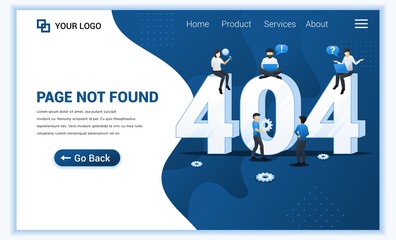 Poster - 404 error page not found concept with people working on laptops searching and trying to fix errors. 
