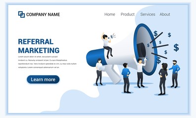 Poster - Referral marketing concept with group of people shout on big megaphone for referral marketing program. Can use for landing page, web banner, web template. Vector illustration