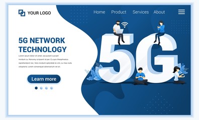 Poster - 5G network technology concept. Internet systems telecommunication service. Characters using High speed wireless connection 5G. Flat vector illustration