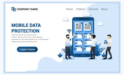 Aufkleber - data protection concept with people protecting data on giant phone. can use for web banner, landing 