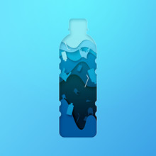 Plastic Bottle And Ocean Pollution Sign Paper Art Style.Ecology And Ocean Environment Concept.Vector Illustration.