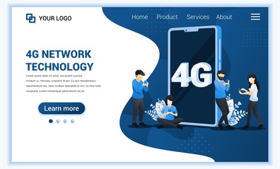 Poster - 4G network technology concept. Internet systems telecommunication service. People sitting and standing on the big 4G symbol using high speed wireless connection 4G. Flat vector illustration
