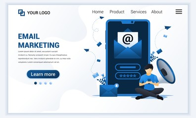 Poster - Landing page template of Email marketing services with a man sitting near giant smartphone. Modern flat web page design concept for website and mobile website. Vector illustration