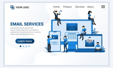 Poster - Landing page template of Email marketing, mailing services with people work on devices. Modern flat web page design concept for website and mobile website. Vector illustration