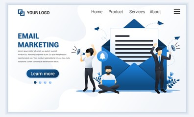 Poster - Landing page template of Email marketing services with businessman shout on megaphone for promotion. Modern flat web page design concept for website and mobile website. Vector illustration