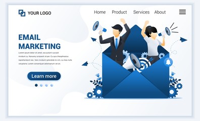 Poster - Landing page template of Email marketing services with businessman shout on megaphone for promotion. Modern flat web page design concept for website and mobile website. Vector illustration
