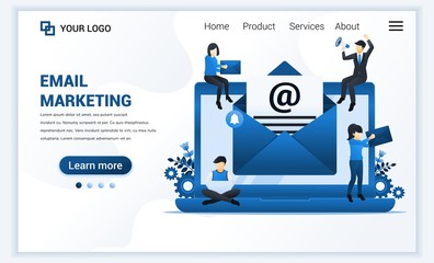 Poster - Landing page template of Email marketing, mailing services with people work on laptop. Modern flat web page design concept for website and mobile website. Vector illustration