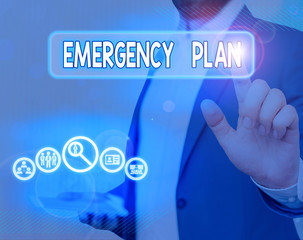 Text sign showing Emergency Plan. Business photo showcasing course of action to mitigate the damage of potential events