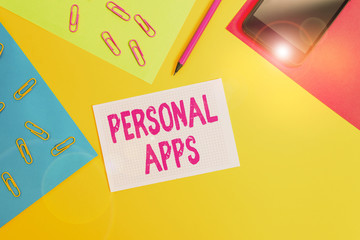 Poster - Handwriting text writing Personal Apps. Conceptual photo App for secure password less validation to online services Paper sheets pencil clips smartphone squared notebook colored background