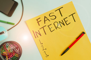Poster - Word writing text Fast Internet. Business photo showcasing term used for Internet service that is faster than the average Cardboard and writing equipment with modern gadget above pastel backdrop