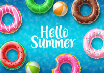 Wall Mural - Hello summer vector banner design. Hello summer text with floating summer beach elements like colorful donut floaters and beach ball in top view background for holiday season. Vector illustration
