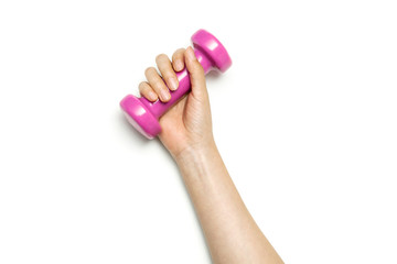 Wall Mural - Woman hand hold a dumbell isolated on white.