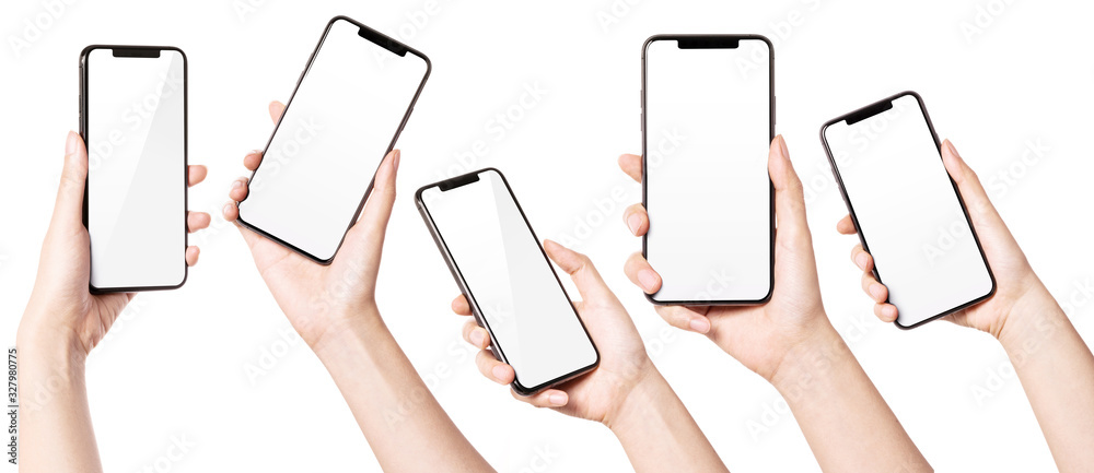 A set, group of Woman hand hold a smart phone isolated on white. - obrazy, fototapety, plakaty 