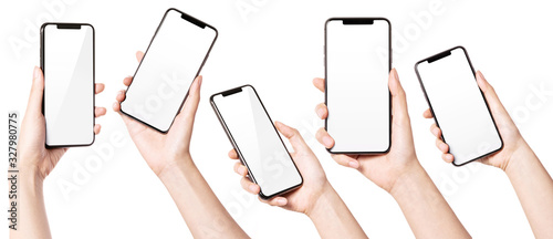 Fotografía A set, group of Woman hand hold a smart phone isolated on white.
