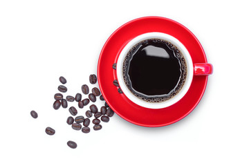 Poster - Red ceramics cup of hot black coffee with coffee beans isolated on white background. Overhead view. Flat lay. 